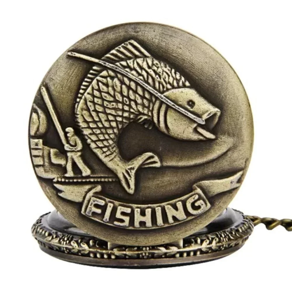 Pocket Chain Watch Fishing Theme Sportsperson Bronze Steampunk Retro Style Gift